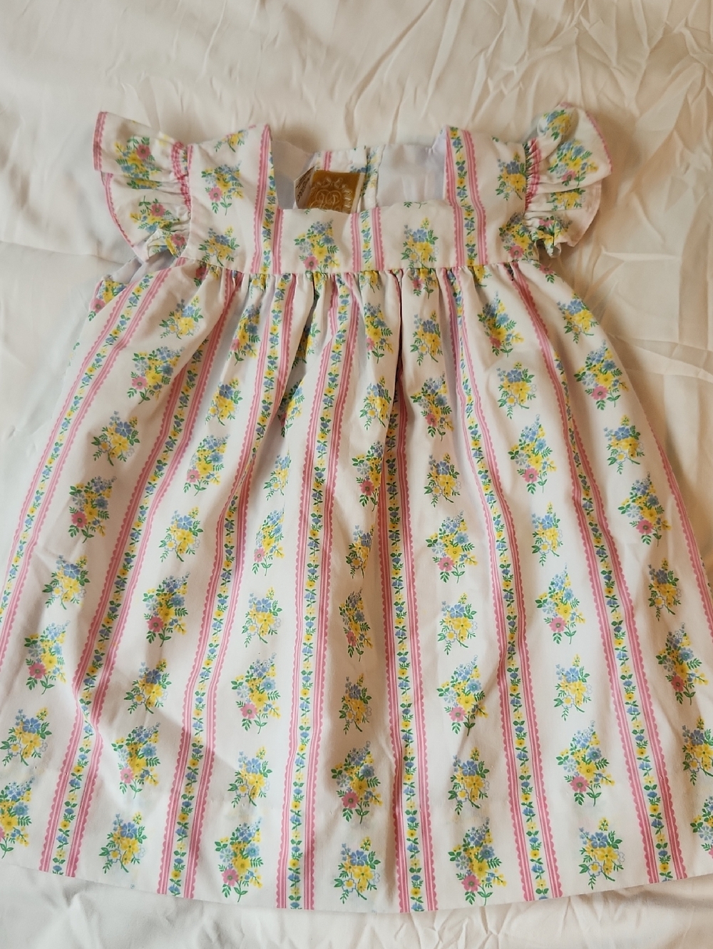 Girls Floral Stripe Sundress with Ruffle Sleeves - Pink & Yellow